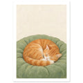 Ginger tabby cat sleeping curled on a sage-green cushion against a cream background, rendered with textured brushstrokes.