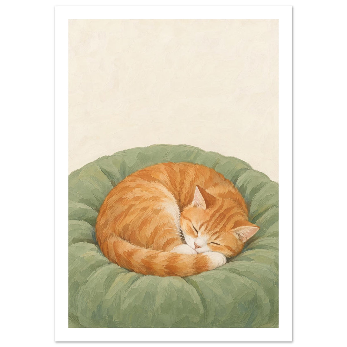 Ginger tabby cat sleeping curled on a sage-green cushion against a cream background, rendered with textured brushstrokes.