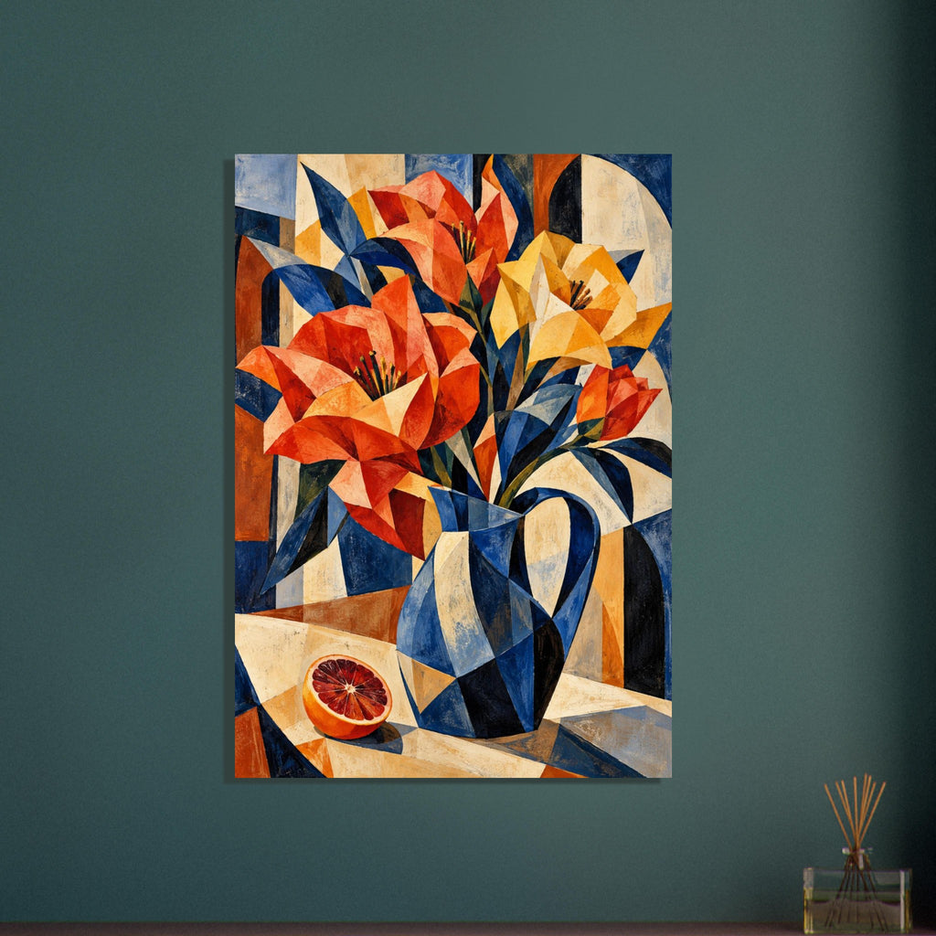 Angular orange and yellow flowers in a blue jug, with a halved orange on a tabletop against a geometric background.