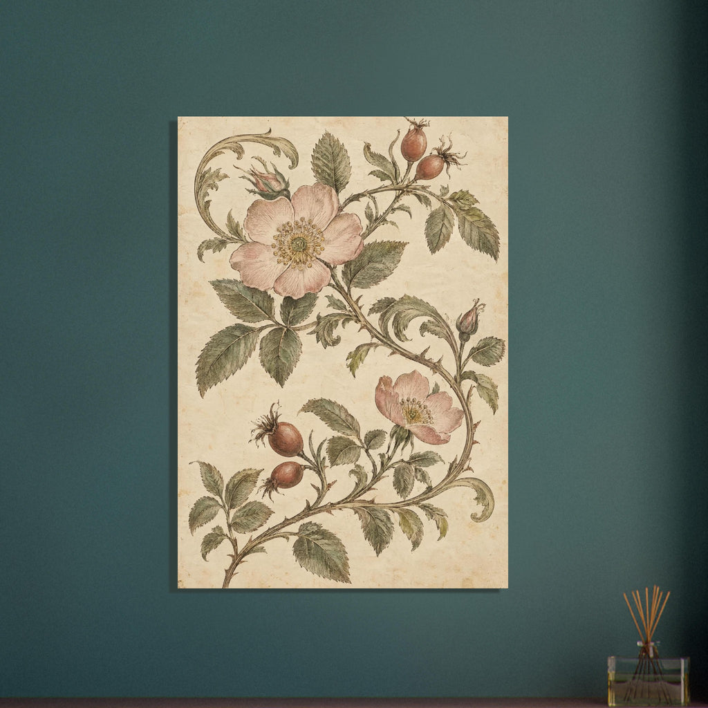 Pink wild roses and russet rosehips on curling stems with olive-green leaves against a mottled cream background.