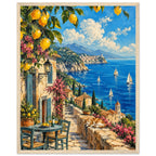 Lemon branches above a seaside terrace with a table, chairs and resting cat, overlooking sailboats and a coastal village.