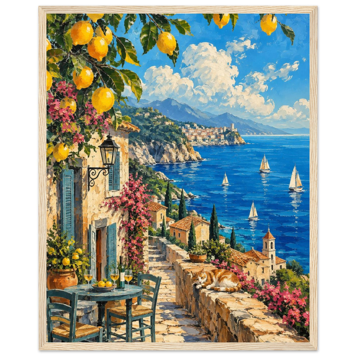 Lemon branches above a seaside terrace with a table, chairs and resting cat, overlooking sailboats and a coastal village.