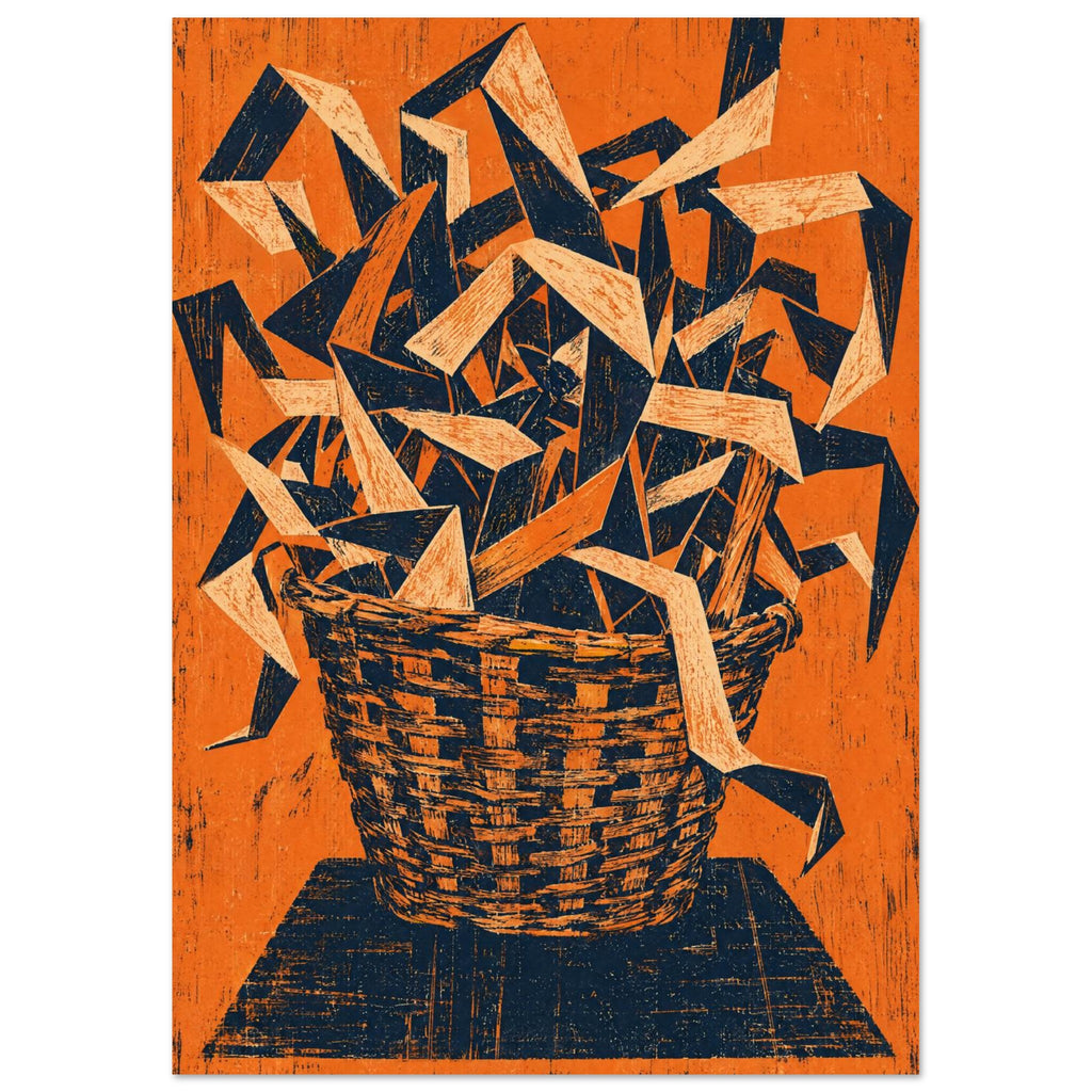 Woven basket overflowing with angular cream and navy ribbons against a textured orange background.
