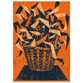 Woven basket overflowing with angular cream and navy ribbons against a textured orange background.