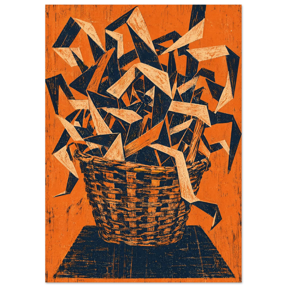 Woven basket overflowing with angular cream and navy ribbons against a textured orange background.