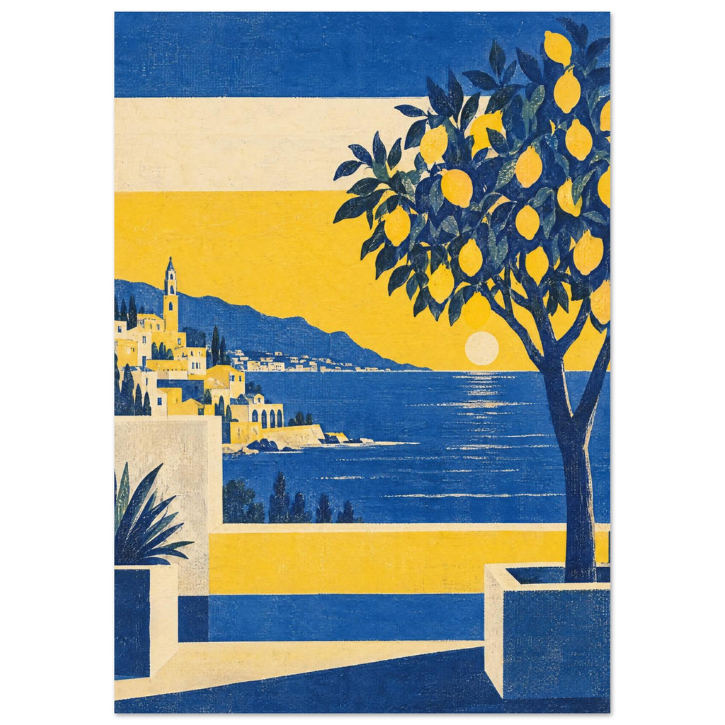 Lemon tree in a terrace planter overlooking a blue sea, hillside village and low sun, rendered in yellow, blue and cream.