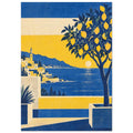 Lemon tree in a terrace planter overlooking a blue sea, hillside village and low sun, rendered in yellow, blue and cream.