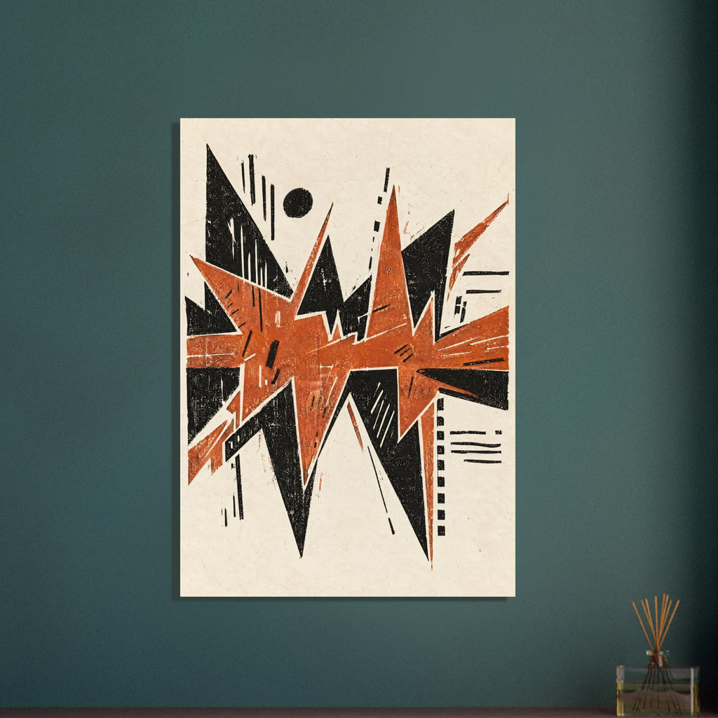 Jagged orange and black geometric shapes with scattered lines and a black circle on a textured cream background.