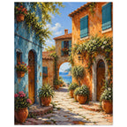 Coastal village lane with blue and orange buildings, potted flowers and a stone archway opening onto a sea view.