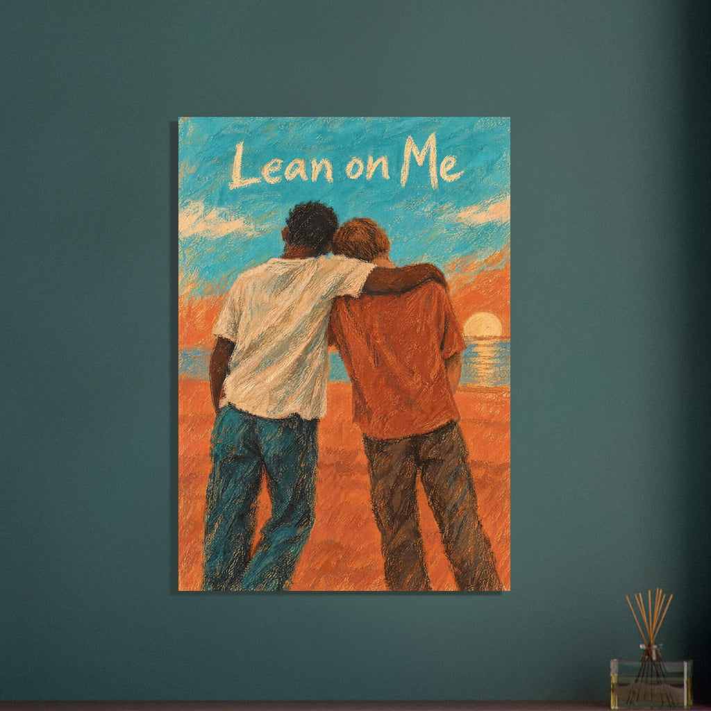 Two figures seen from behind, one with an arm around the other, beneath “Lean on Me” lettering by orange and turquoise water.