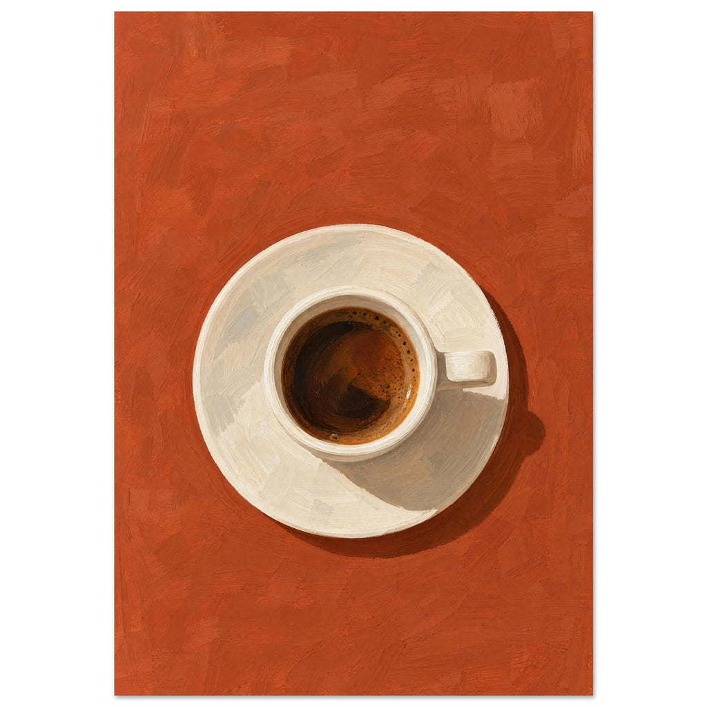 Espresso in a cream cup and saucer, viewed from above on a textured terracotta background with a dark cast shadow.