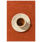 Espresso in a cream cup and saucer, viewed from above on a textured terracotta background with a dark cast shadow.