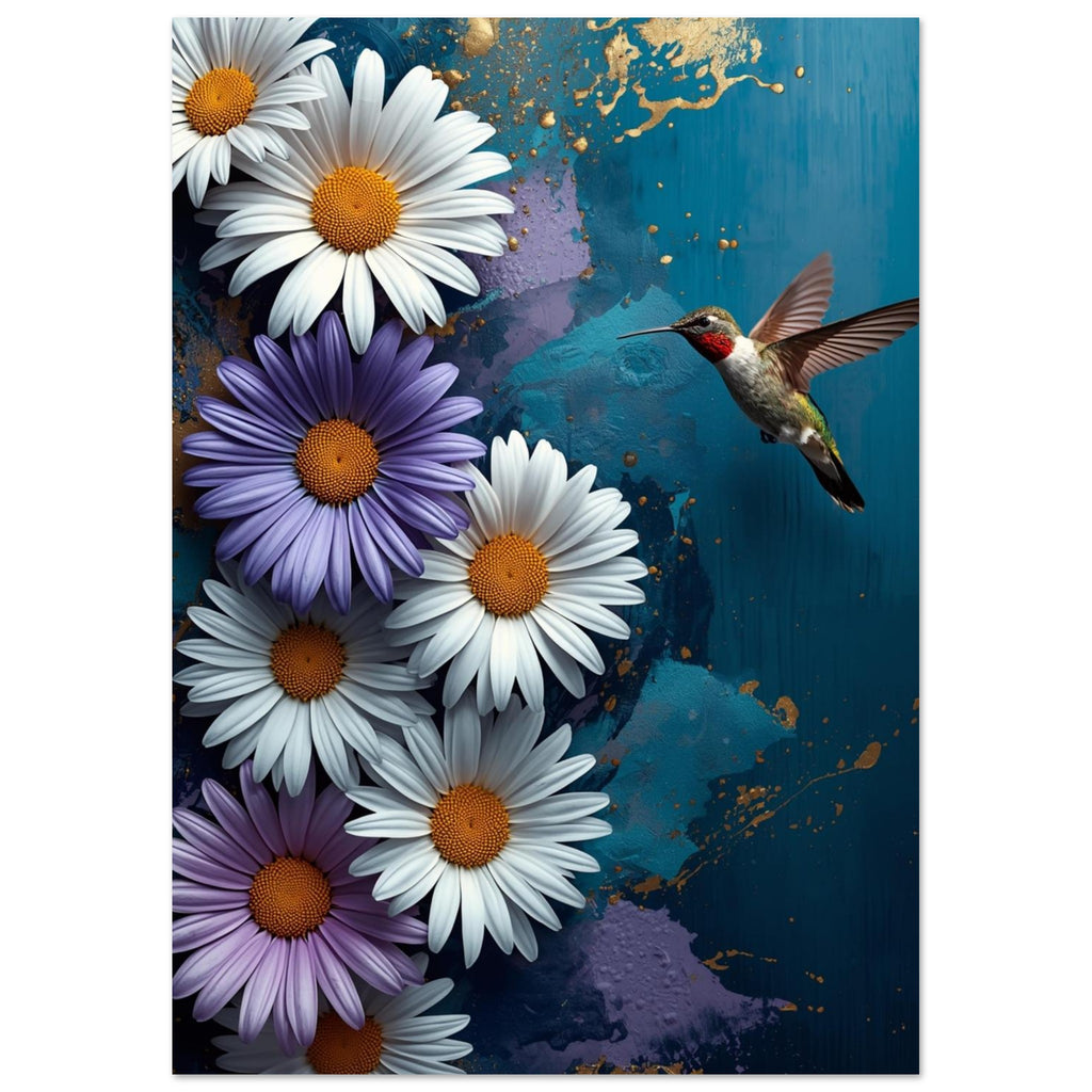 White and purple daisies beside a hovering hummingbird on a textured teal background with gold-coloured splashes.