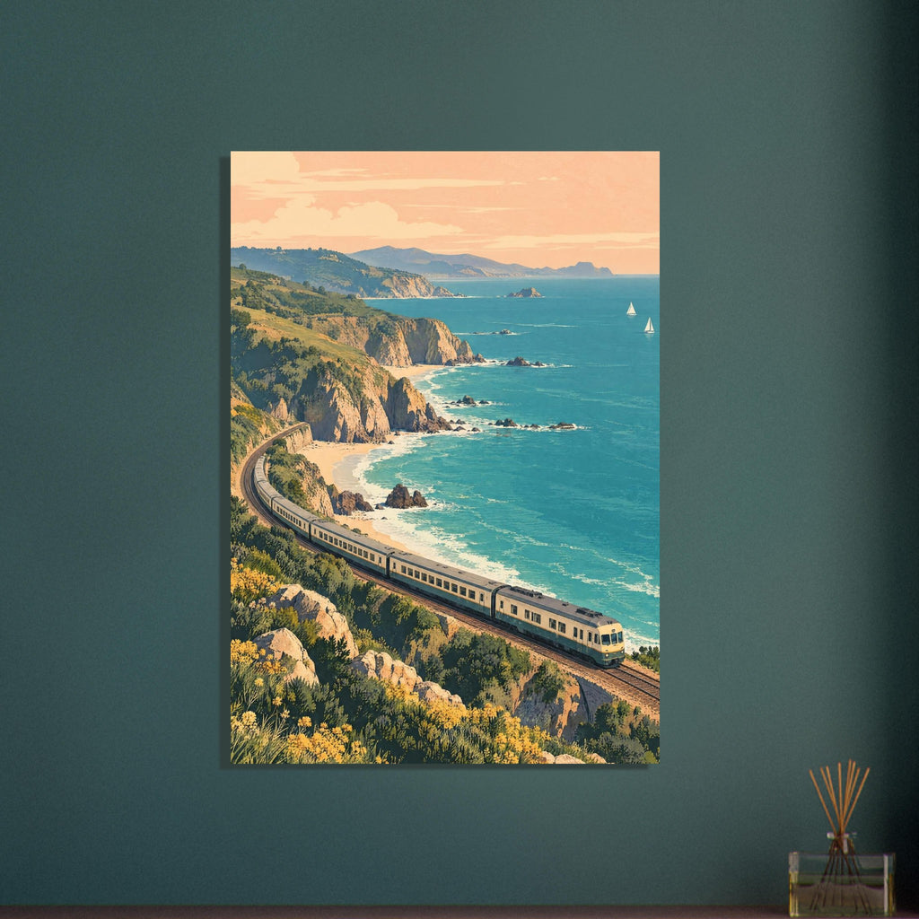 Train curving along coastal cliffs above turquoise sea, with sandy coves, green hills and sailboats beneath a peach sky.