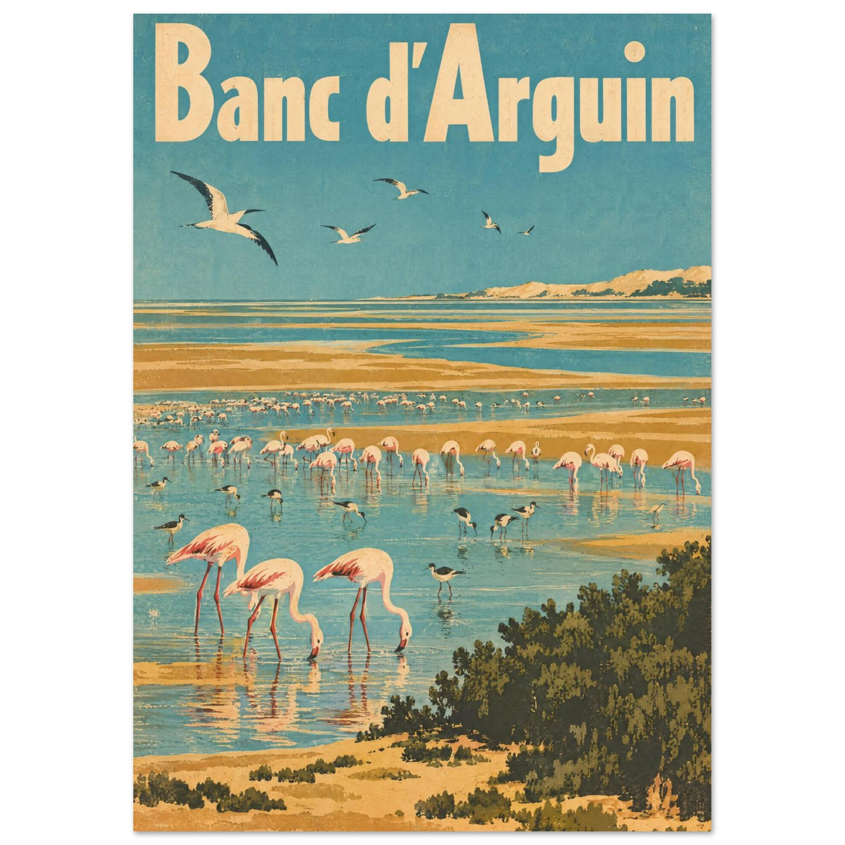 Banc d’Arguin Flamingo Vintage Travel – illustration wall art print by Printavelle – close-up