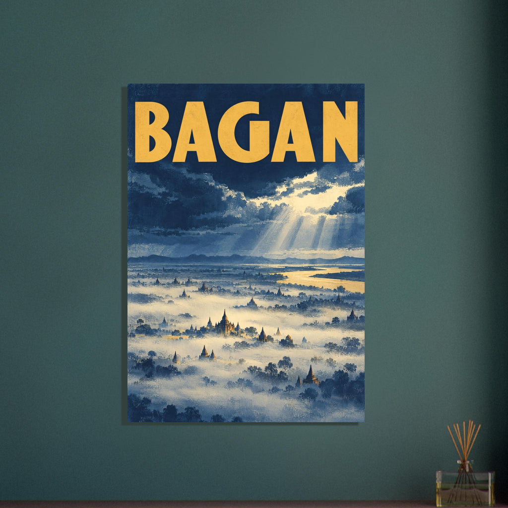 Bagan temples rising through mist beneath blue storm clouds and sunbeams, with a golden river and bold yellow BAGAN text.
