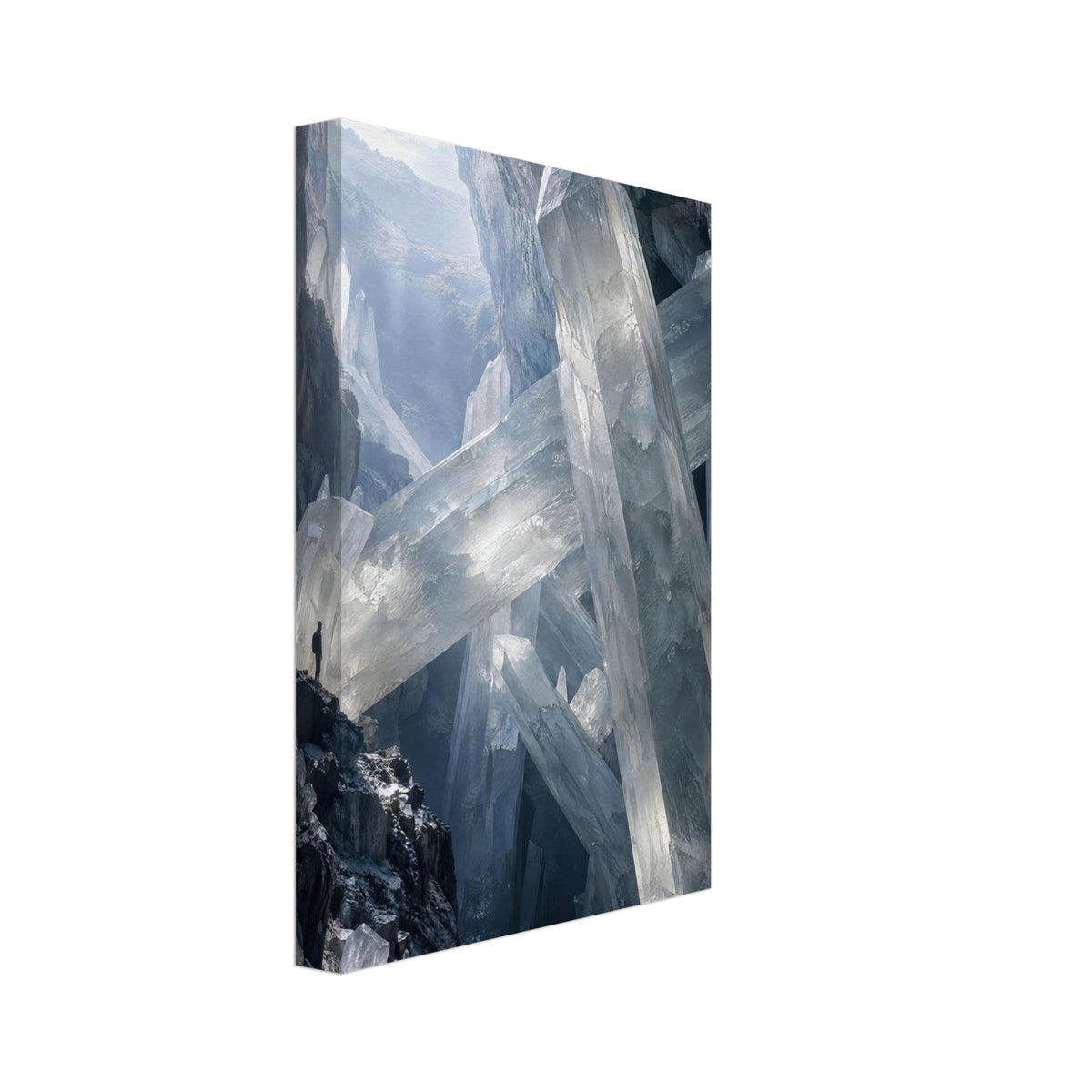 Giant translucent crystals cross a dark rocky cavern, with light entering above and a small figure standing on a ledge.