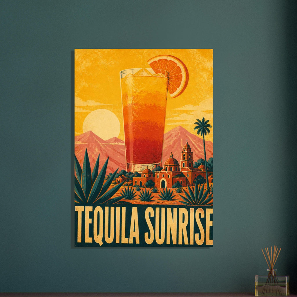 Tequila Sunrise cocktail with an orange slice above mountains, domed buildings and desert plants, with bold lettering below.