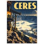 Ceres poster with yellow lettering, mining towers and carts overlooking a pale crater beneath a starry blue sky.