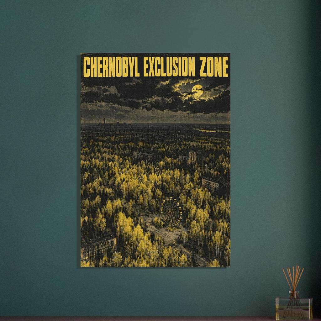 Chernobyl Exclusion Zone lettering above yellow woodland, apartment blocks and a Ferris wheel beneath dark clouds.