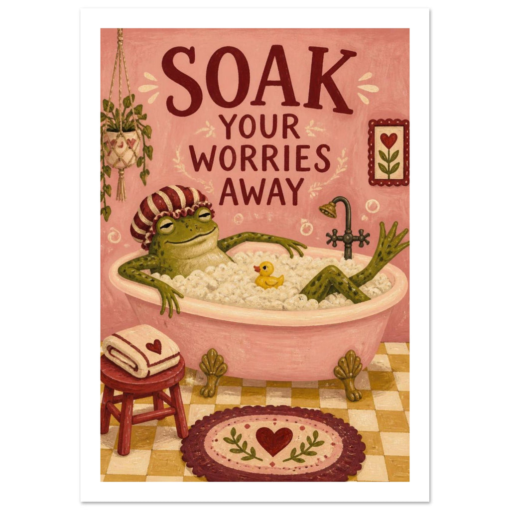 Frog in a shower cap relaxing in a pink bubble bath beneath ‘Soak Your Worries Away’ lettering, with a yellow bath duck.