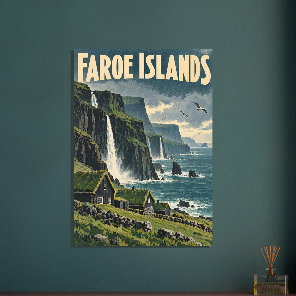 Faroe Islands lettering above rainy cliffs, waterfalls, teal sea and grass-roofed cottages on a green hillside.