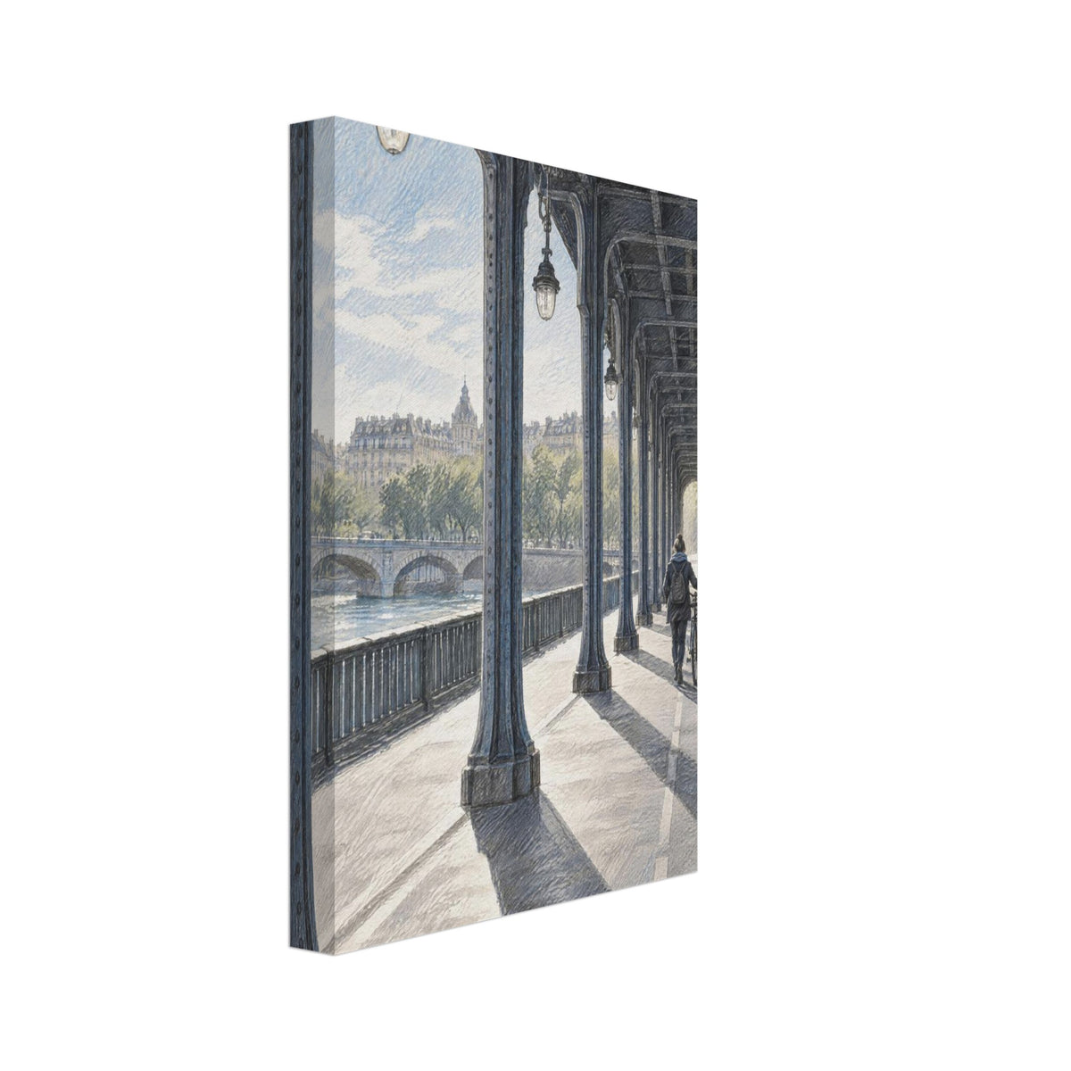 Gångpassagen under Pont de Bir-Hakeim i Paris med järnpelare och en liten person som leder en cykel.