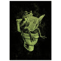 Green frog sitting on a toilet reading a newspaper, illustrated with etched-style lines on a textured black background.