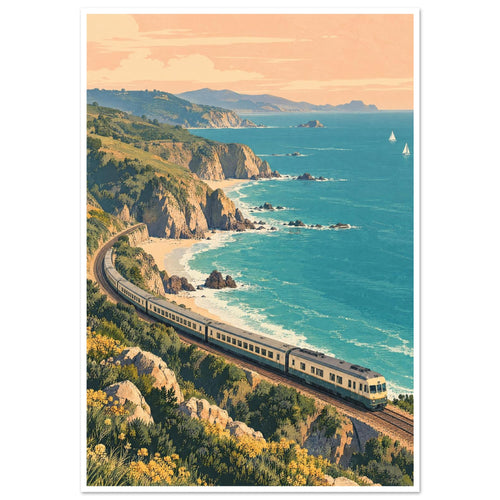 Train curving along coastal cliffs above turquoise sea, with sandy coves, green hills and sailboats beneath a peach sky.