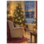 Christmas Eve by the Window shows a glowing tree and empty armchair beside a tall window, painted with thick contours and sma