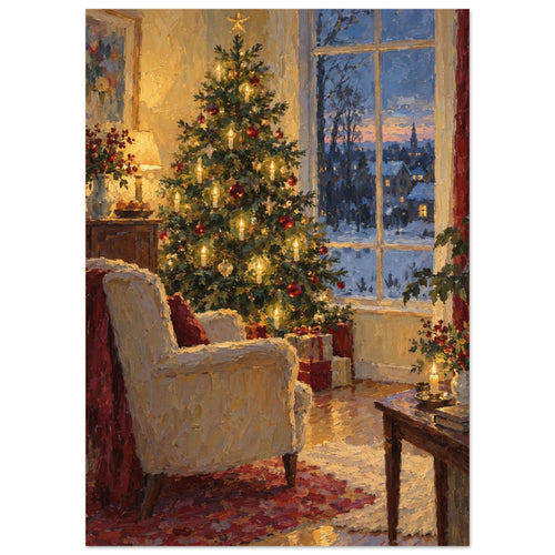 Christmas Eve by the Window shows a glowing tree and empty armchair beside a tall window, painted with thick contours and sma