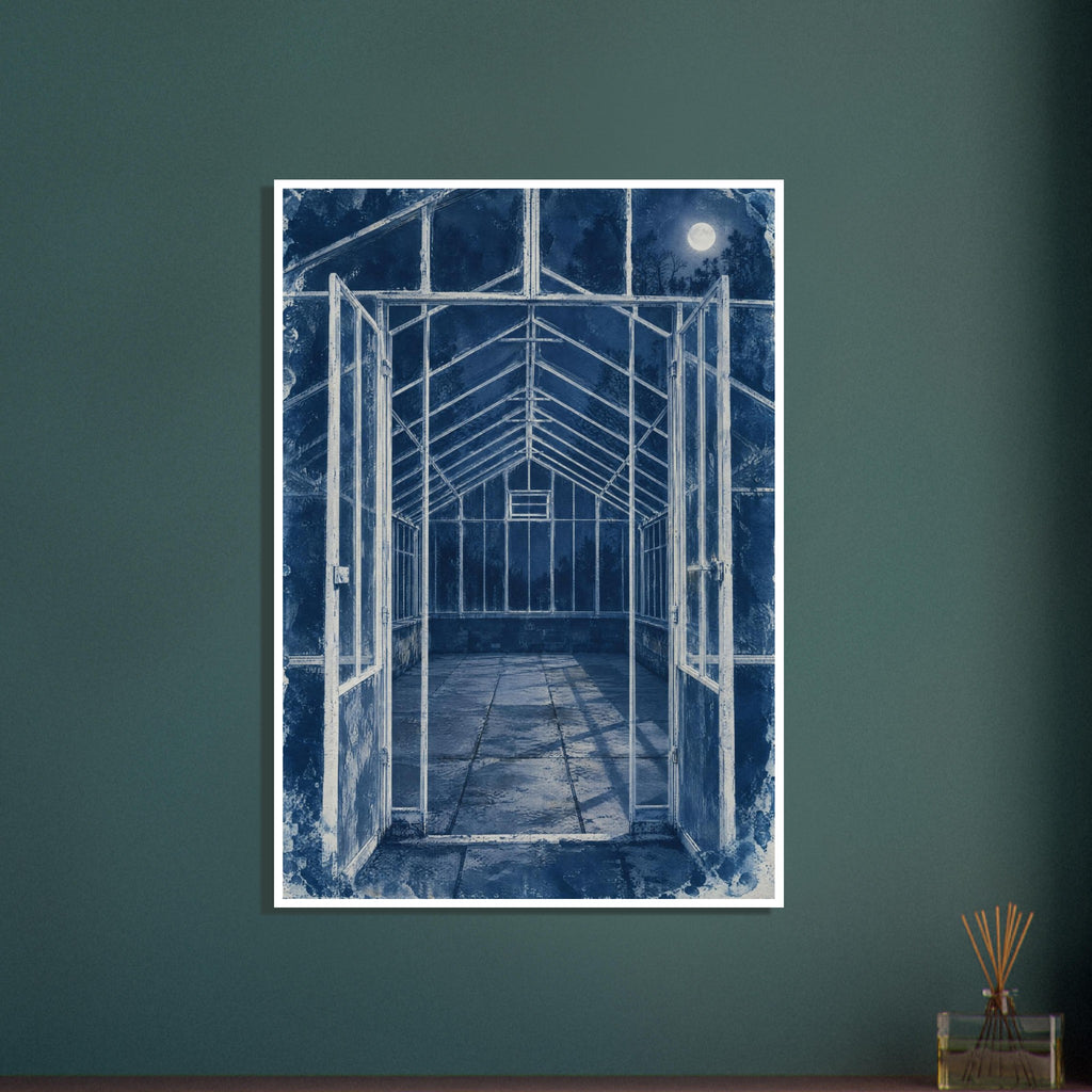 Greenhouse with open double doors, pale framework and tiled floor in deep blue, with a full moon and distressed edges.
