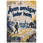 Swedish quote in navy on a peeling cream wall, with a walker, skyline, small house, yellow sun and looping arrow.