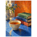 Bowl of tea beside stacked books and a jug of white and blue flowers on a blue table against an orange background.