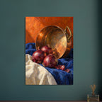 Three red onions and loose skins on blue and cream cloth beside a tilted copper pan against an orange background.