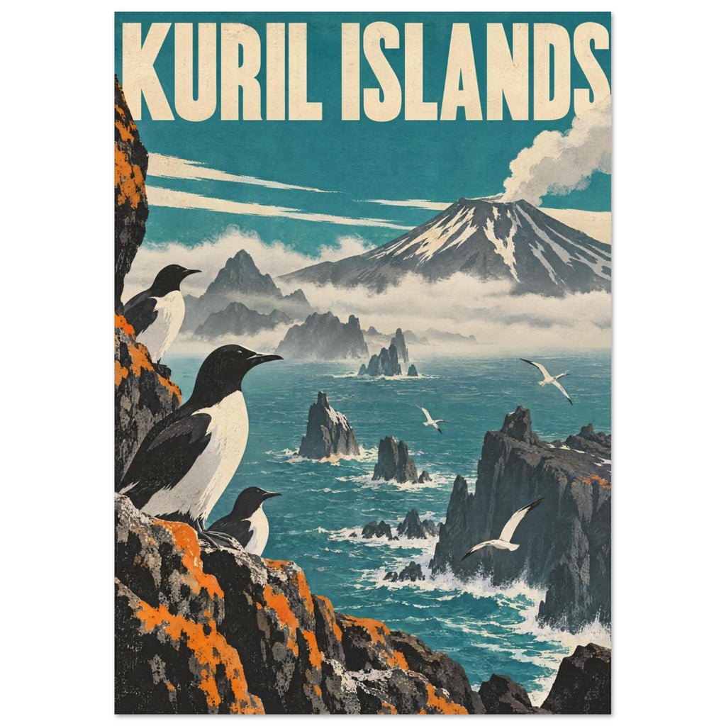 Kuril Islands poster with seabirds on rugged cliffs, teal sea, jagged sea stacks and a smoking volcano beneath cream letterin