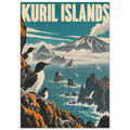 Kuril Islands poster with seabirds on rugged cliffs, teal sea, jagged sea stacks and a smoking volcano beneath cream letterin
