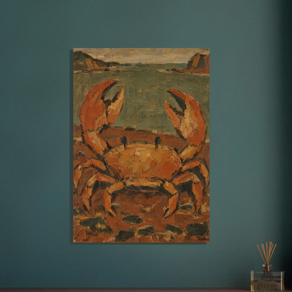 Orange and ochre crab with raised claws on a rocky shore, with muted green water and distant rocks in textured brushstrokes.