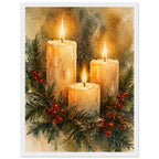 Watercolour painting of three lit advent candles with spruce sprigs and red berries