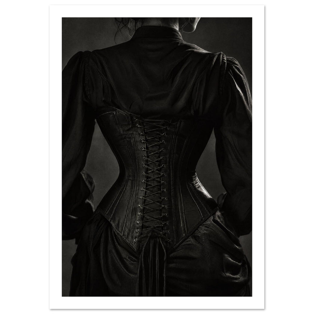 Rear view of a figure wearing a black lace-up corset over a dark blouse with gathered shoulders, in black and white.