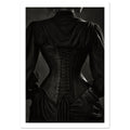 Rear view of a figure wearing a black lace-up corset over a dark blouse with gathered shoulders, in black and white.
