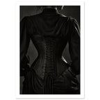 Rear view of a figure wearing a black lace-up corset over a dark blouse with gathered shoulders, in black and white.