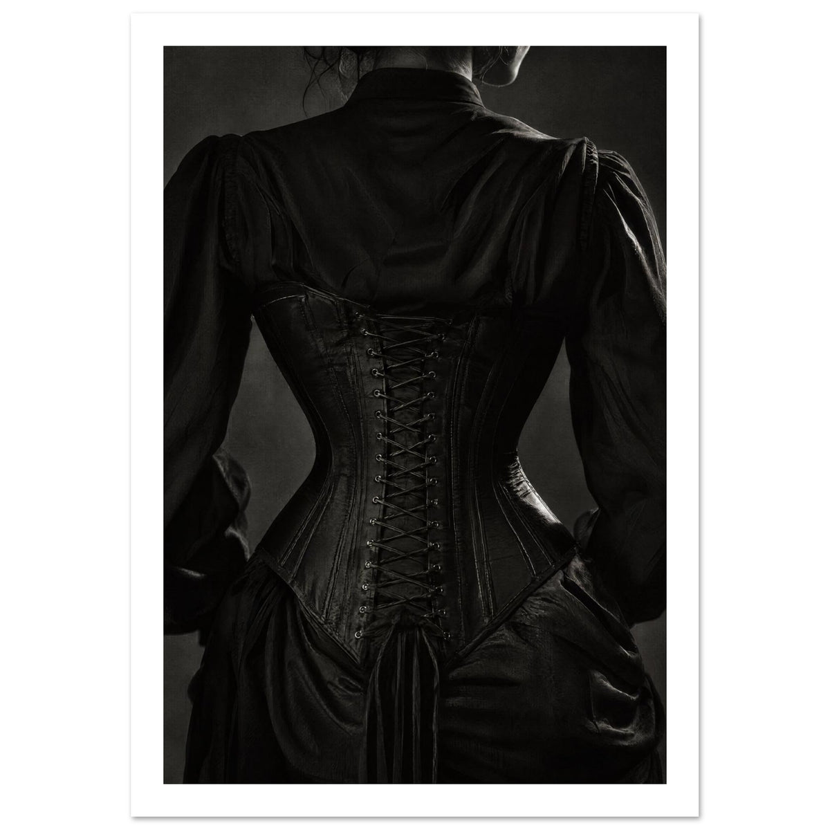 Rear view of a figure wearing a black lace-up corset over a dark blouse with gathered shoulders, in black and white.