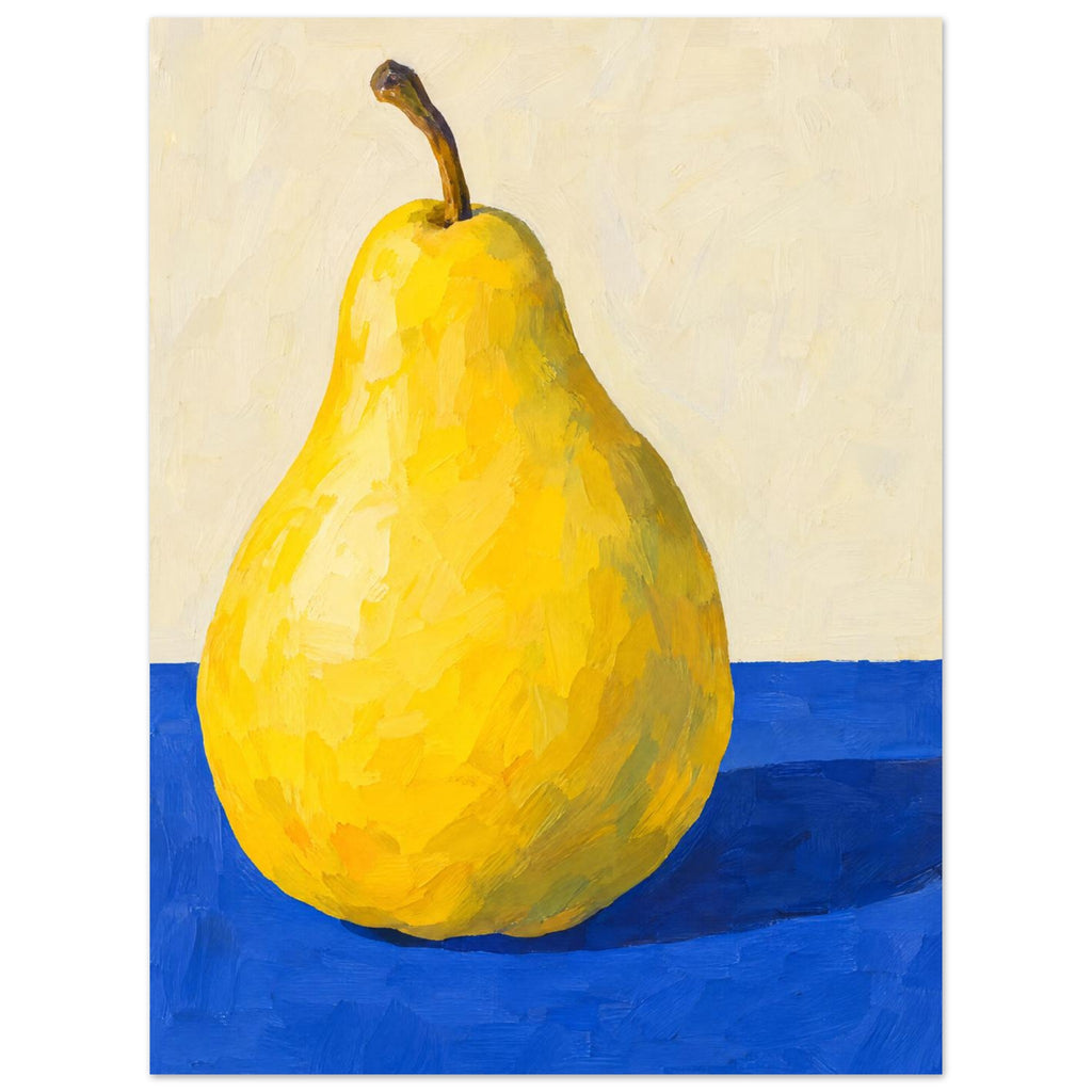 Yellow pear with a curved brown stem on a cobalt-blue tabletop, casting a dark shadow against a cream background.