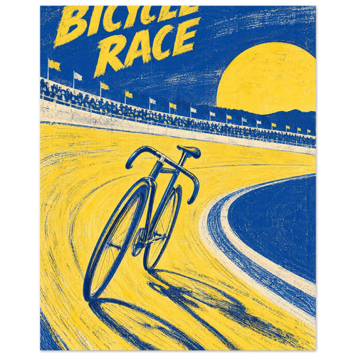 Racing bicycle on a yellow banked track beneath blue sky, with spectators, a yellow sun and ‘Bicycle Race’ lettering.
