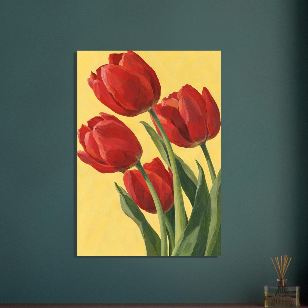Four red tulips with long green stems and pointed leaves against a yellow background, painted with visible brushstrokes.