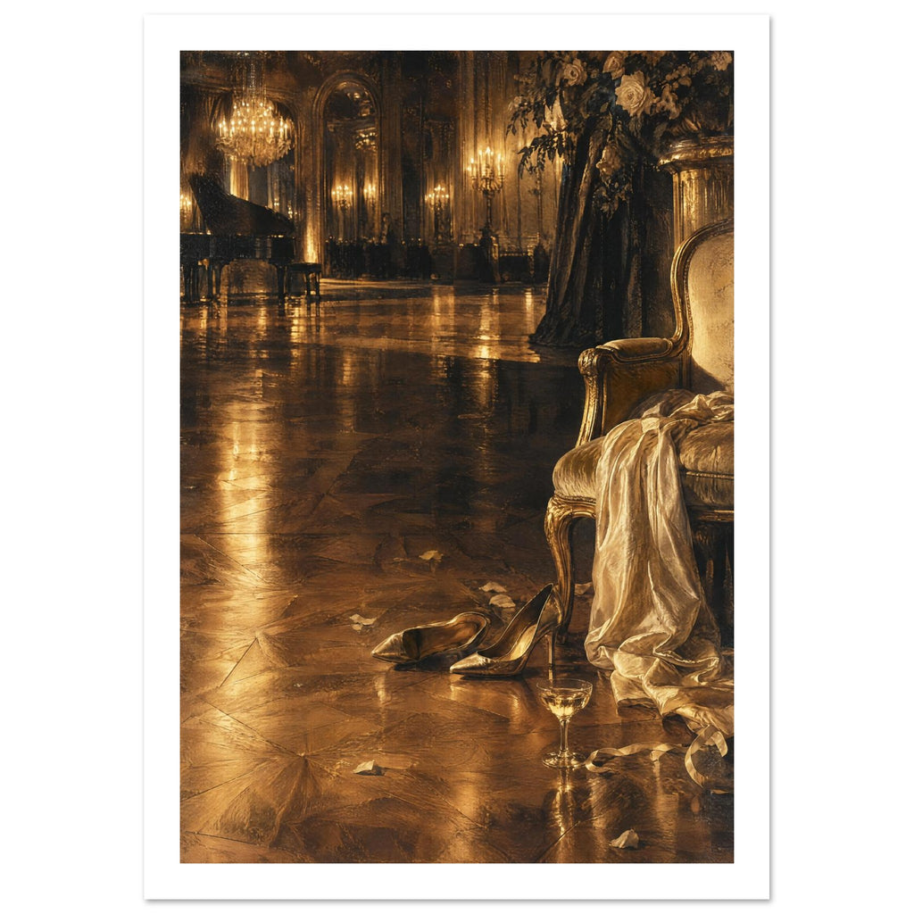Golden ballroom with chandelier, grand piano, gilded chair draped in fabric, heels and a glass on a reflective floor.