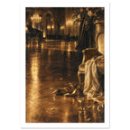 Golden ballroom with chandelier, grand piano, gilded chair draped in fabric, heels and a glass on a reflective floor.