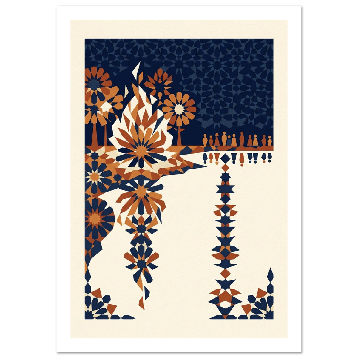 Geometric lakeside bonfire with small figures, starburst shapes and angular reflections in navy, orange and cream.