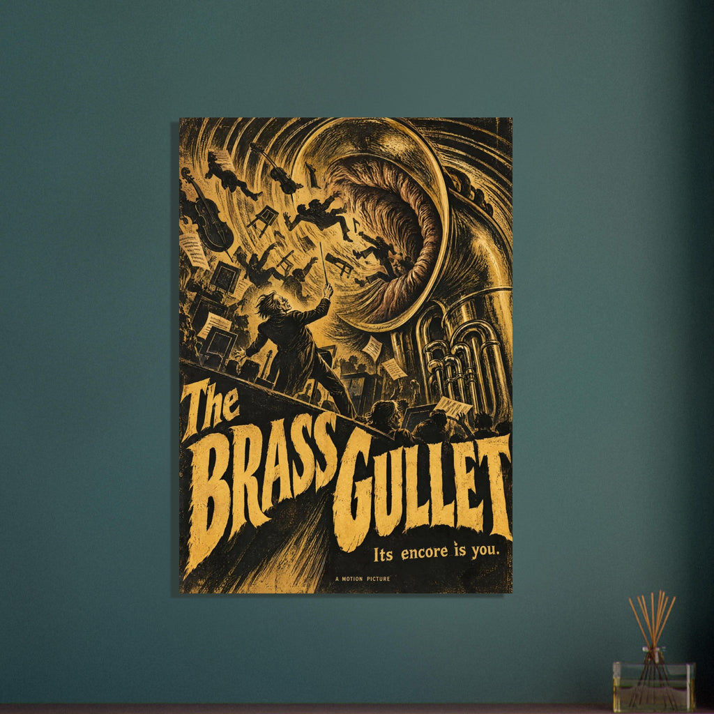 Monstrous brass instrument swallowing musicians above a conductor, with ochre and black lettering reading The Brass Gullet.